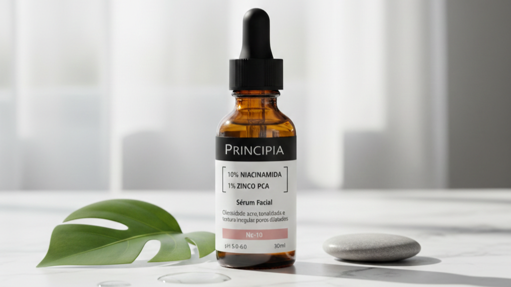 Sérum Facial Principia NC-10 com conta-gotas em detalhe, destacando o rótulo com 10% de Niacinamida e 1% de Zinco PCA sobre superfície clara