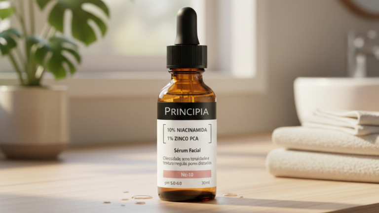 Frasco do Sérum Facial Principia NC-10 com 10% de Niacinamida e 1% de Zinco PCA posicionado sobre uma bancada de madeira clara.