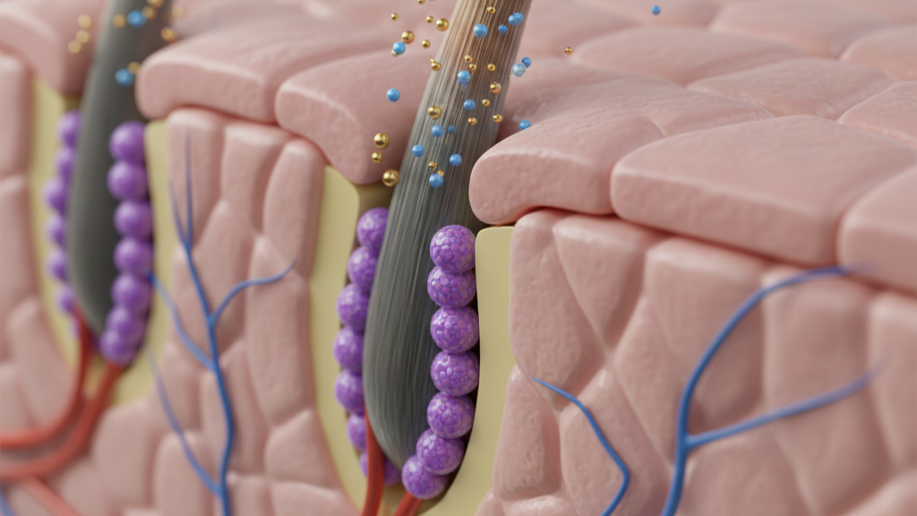 Ilustração científica em 3D de um folículo capilar recebendo ativos de biohacking para reativação de melanócitos e repigmentação natural.