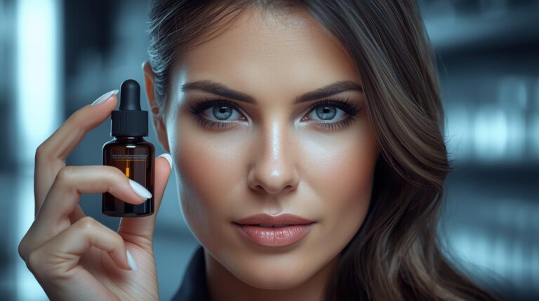 Mulher com cabelos castanhos e fios brancos sutis segurando sérum de repigmentação capilar biohacking em laboratório de biotecnologia.