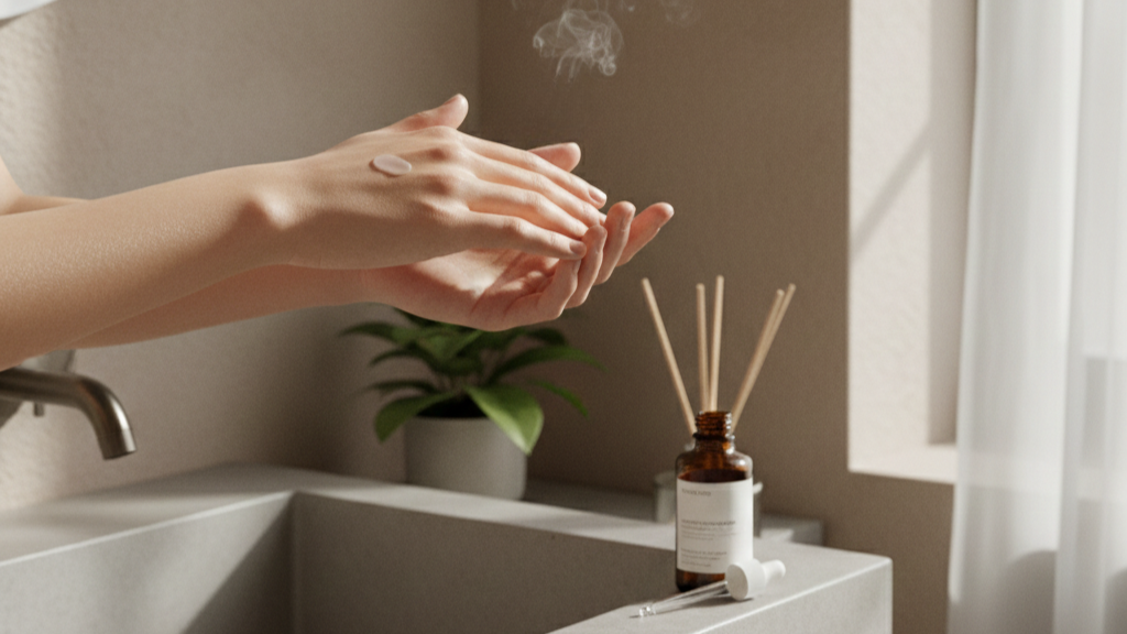 Ritual de Aplicação e Neurocosmética: Minimalismo Sensorial na Prática Close-up detalhado de mãos aplicando uma gota de sérum facial translúcido em ambiente minimalista, ilustrando o ritual de neurocosmética e minimalismo sensorial.