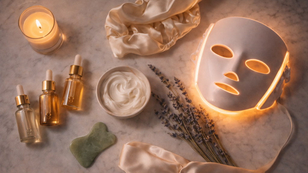 Flat lay de ritual skincare noturno de luxo com séruns dourados, creme hidratante, gua sha, lavanda seca e máscara facial LED iluminada sobre superfície de mármore.