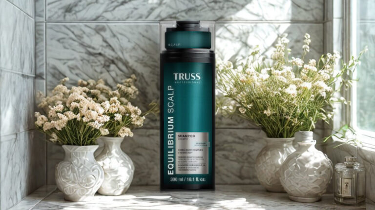 Embalagem do shampoo Truss Professional Equilibrium Scalp de 300ml posicionado em uma bancada de granito com plantas ao fundo, destacando o tratamento para equilíbrio do couro cabeludo.