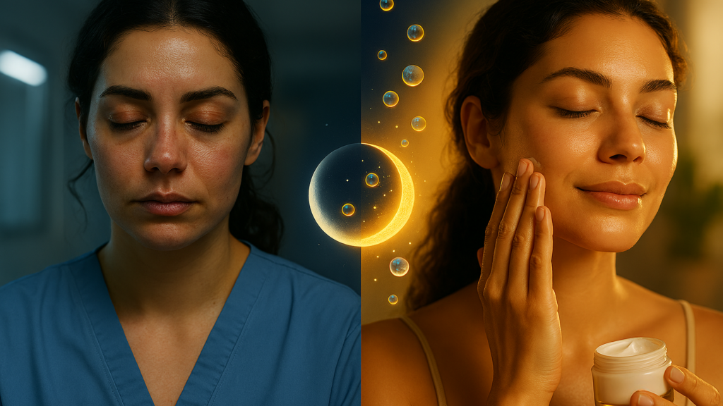 Comparativo visual de uma profissional de saúde em turno noturno com pele cansada versus o momento de aplicação de creme reparador usando a técnica de Skincare Noturno e Skin Cycling adaptado.