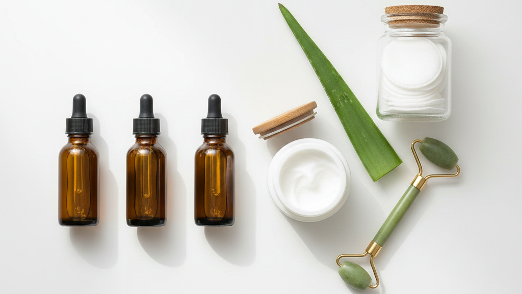 Rotina de skincare acessível organizada em bancada branca com séruns em frascos conta-gotas, hidratante, algodões em pote de vidro, planta de aloe vera e massageador facial jade em iluminação natural.