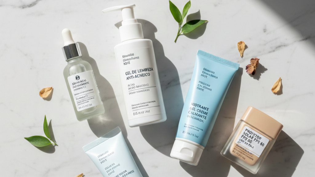 Produtos essenciais de skincare de farmácia para manchas de acne em uma rotina completa