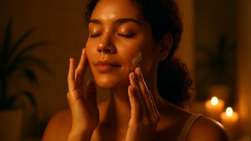 Mulher demonstrando a etapa de recuperação do Skin Cycling em sua rotina de Skincare Noturno, focada em restaurar a barreira cutânea agredida pelo trabalho em turno noturno.