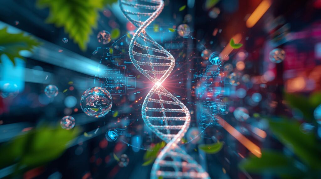 Hélice de DNA e dados de inteligência artificial integrados para definir o futuro da beleza em 2026.