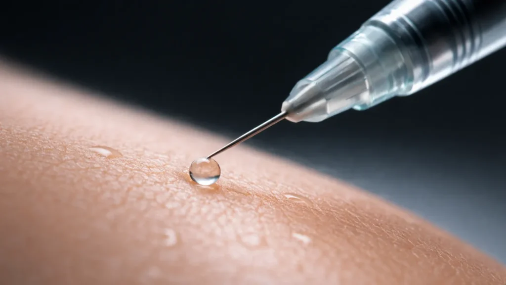 A Ciência da Microdose: Precisão Milimétrica na Derme. Close-up de alta precisão mostrando uma microagulha aplicando uma gota diluída de ativo estético na camada superficial da pele, exemplificando a técnica de microdose.