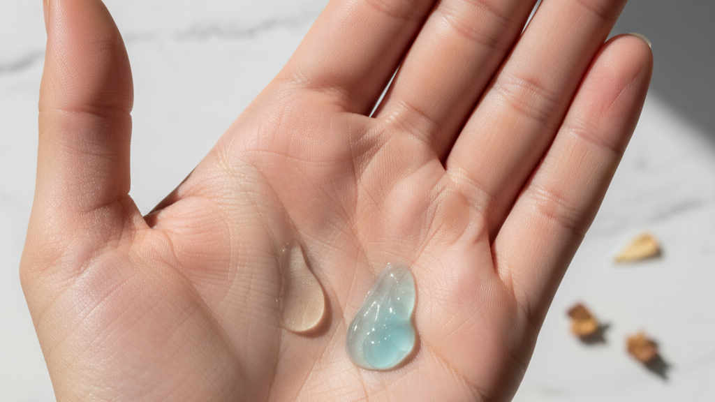 textura-serum-e-gel-creme-para-pele-com-acne.jpg Comparação de textura entre sérum fluido e hidratante gel-creme para pele com acne