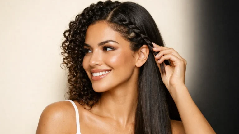 Mulher com cabelo dividido em duas texturas: o lado esquerdo exibe cachos definidos e o lado direito exibe cabelo liso com uma trança na linha de transição capilar.