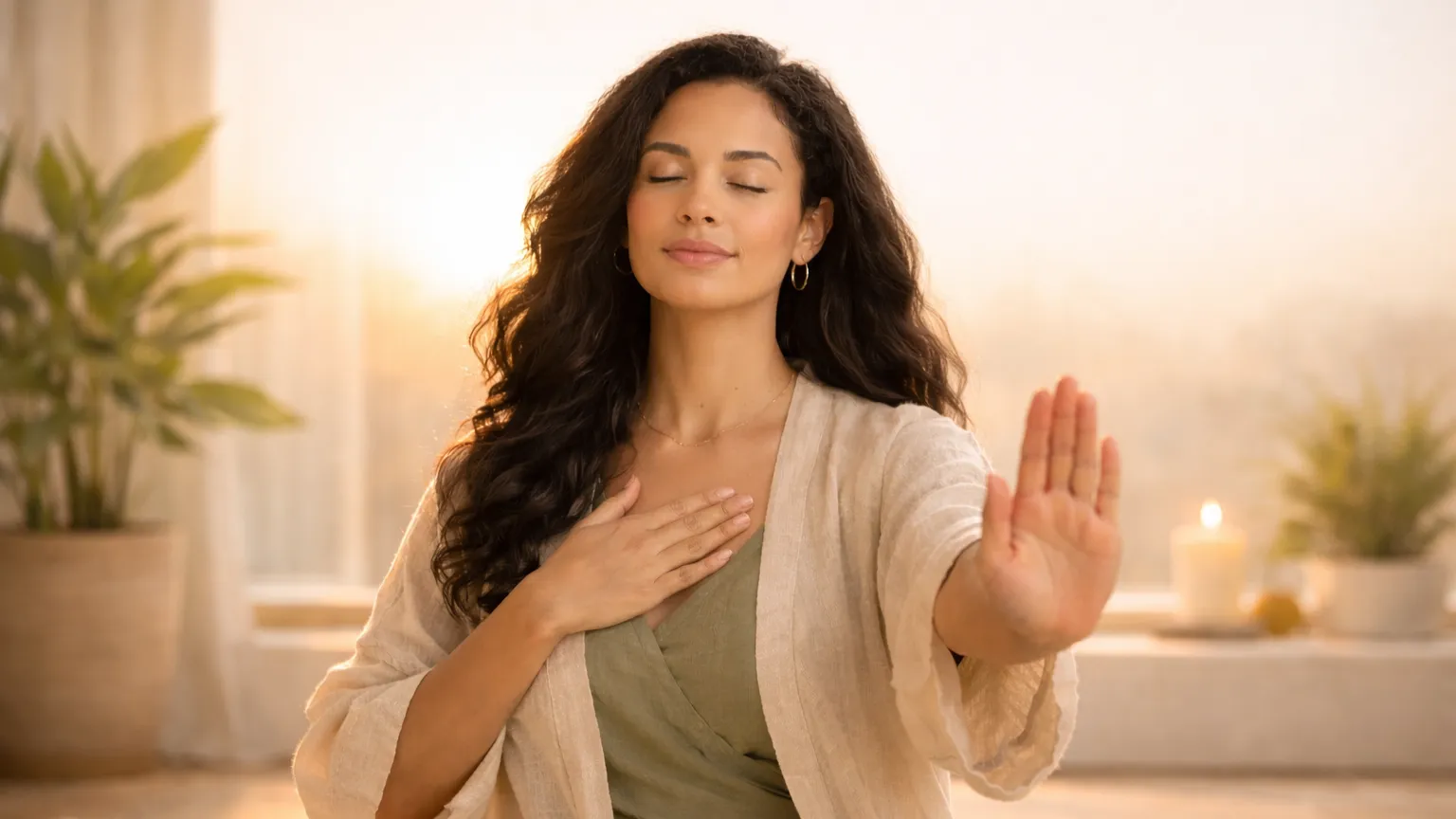 Mulher com olhos fechados pratica limite emocional e autorregulação, fazendo gesto de pare com a mão para simbolizar o jejum emocional e proteção da energia interna em ambiente calmo.