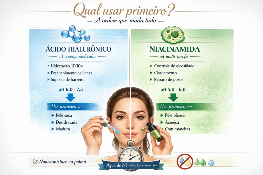 Infográfico comparativo mostrando ordem correta de aplicação: ácido hialurônico primeiro para pele seca, desidratada ou madura (pH 6,0-7,5) versus niacinamida primeiro para pele oleosa, acneica ou com manchas (pH 5,0-6,0). Inclui aviso para aguardar 2-3 minutos entre aplicações e nunca misturar ativos na palma da mão.