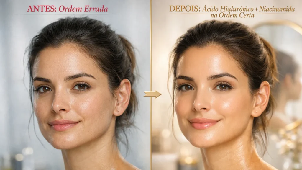 Transformação real: pele opaca e desidratada com ordem errada de ácido hialurônico e niacinamida versus pele radiante e hidratada após aplicação correta em camadas