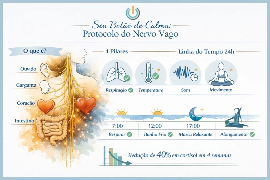 Infográfico ilustrativo sobre como ativar o nervo vago para reduzir ansiedade, mostrando anatomia do nervo vago com conexões em ouvido, garganta, coração e intestino, 4 pilares do protocolo (respiração, temperatura, som, movimento), cronograma de 24 horas com práticas matinais e noturnas, e gráfico de redução de 40% em cortisol em 4 semanas. Design em tons de azul sereno, dourado e verde sage.