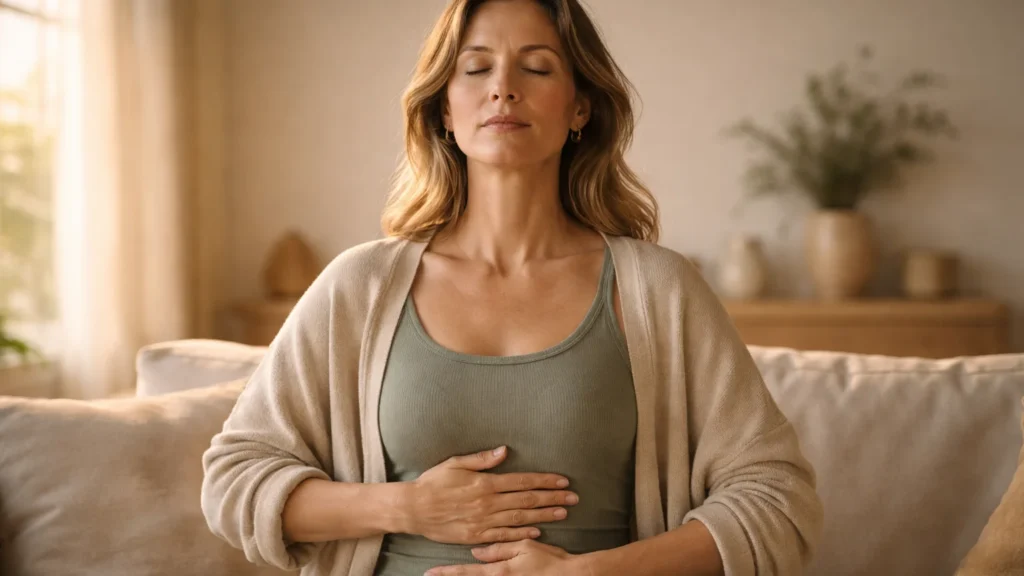 Mulher praticando respiração diafragmática para ativar o nervo vago e reduzir ansiedade em casa