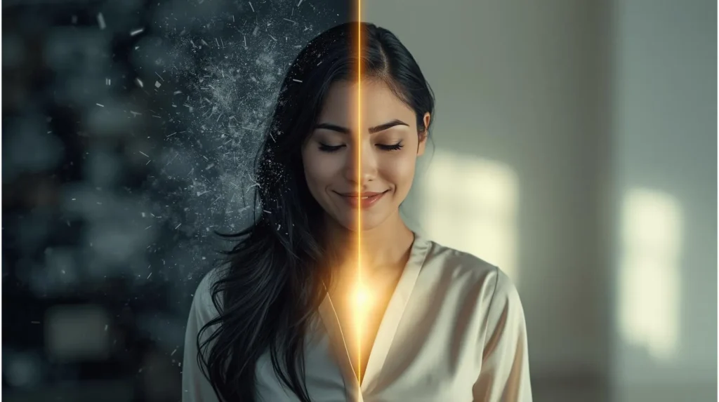Rosto de mulher dividido entre um lado obscuro com fragmentos de estresse e um lado iluminado e sereno, simbolizando a transformação mental através do limite emocional e autorregulação.