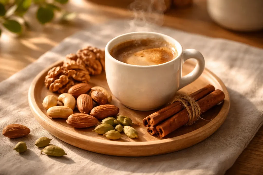 Café da manhã anti-envelhecimento: xícara pequena de café especial com mix de nozes, amêndoas, canela em pau e cardamomo - hábito saudável que preserva colágeno da pele e previne envelhecimento precoce