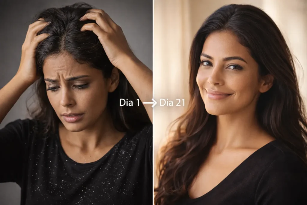 Quando a caspa volta: transformação real em 21 dias mostrando mulher antes com coceira e escamas no couro cabeludo vs. depois com cabelo saudável, brilhante e sem caspa após protocolo de equilíbrio do microbioma capilar