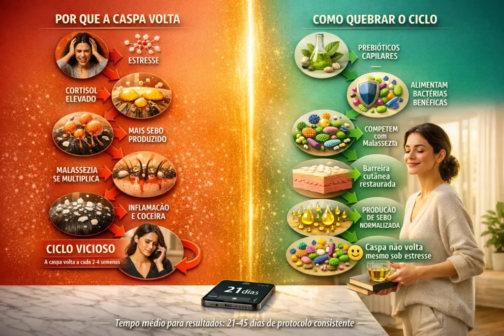 Infográfico comparativo mostrando por que a caspa volta sempre e como o Protocolo do Microbioma de 21 dias quebra o ciclo vicioso. Lado esquerdo: estresse → cortisol → sebo excessivo → Malassezia → inflamação → caspa recorrente. Lado direito: prebióticos capilares → bactérias benéficas → barreira cutânea restaurada → microbioma equilibrado → caspa não volta mais. Dermatologista Clarissa Mendes.