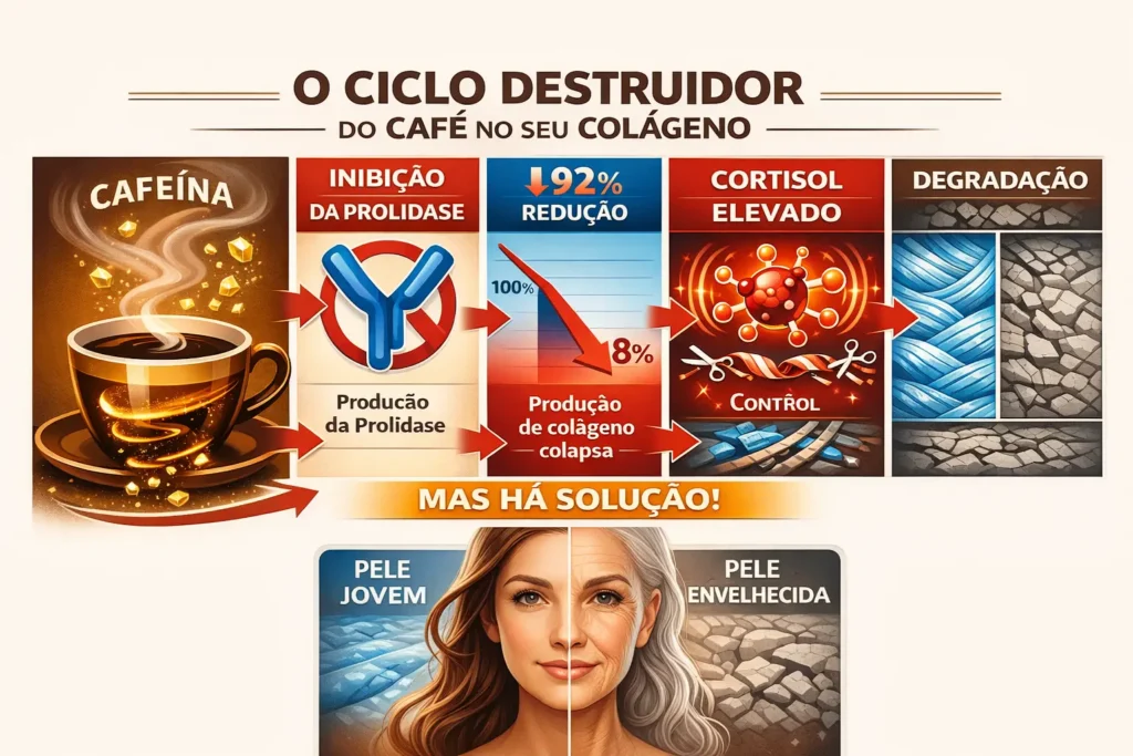Infográfico mostrando o ciclo destruidor do café no colágeno da pele: cafeína inibe enzima prolidase, reduz em 92% a produção de colágeno, eleva cortisol e causa degradação das fibras, resultando em pele envelhecida vs jovem
