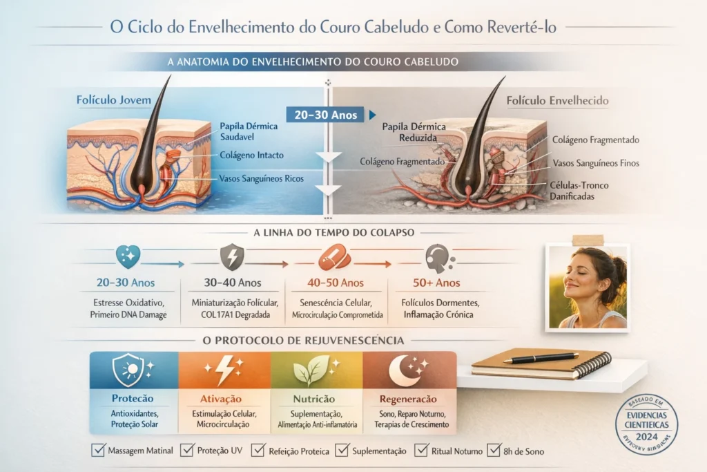O Ciclo do Envelhecimento do Couro Cabeludo: Anatomia, Timeline e Protocolo de Rejuvenescimento Científico Infográfico científico comparando folículo capilar jovem e envelhecido, com timeline do colapso capilar por idade (20-30, 30-40, 40-50, 50+ anos) e protocolo de rejuvenescimento em 4 pilares: proteção, ativação, nutrição e regeneração. Baseado em evidências científicas 2024.
