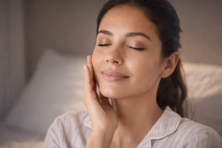 Mulher sentindo alívio da coceira sem lesão aparente no rosto após tratamento natural para síndrome da pele fantasma - pele saudável sem vermelhidão