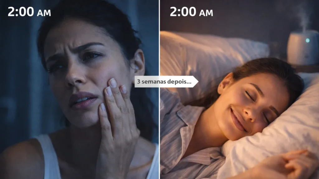 Como Parei de Acordar Coçando o Rosto às 2h da Manhã em Apenas 3 Semanas Transformação real: mulher antes sofrendo com coceira sem lesão às 2h da manhã e depois dormindo tranquila após tratamento para síndrome da pele fantasma