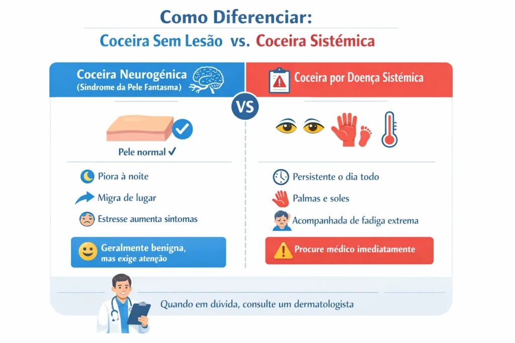 Infográfico: Como diferenciar coceira sem lesão (Síndrome da Pele Fantasma) de coceira por doença sistêmica — sintomas, alertas e quando procurar médico Infográfico comparativo: coceira sem lesão (Síndrome da Pele Fantasma) vs. coceira por doença sistêmica. À esquerda: pele normal, piora à noite, migra de lugar, estresse aumenta sintomas — geralmente benigna. À direita: icterícia nos olhos, coceira em palmas e solas, febre, fadiga extrema — requer médico imediatamente. Guia visual para diferenciar coceira neurogênica de alertas de fígado, rins ou diabetes.