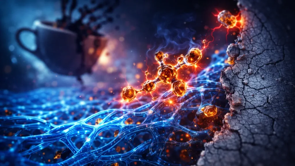 Moléculas de cafeína destruindo fibras de colágeno na pele — ilustração científica do envelhecimento causado pelo café