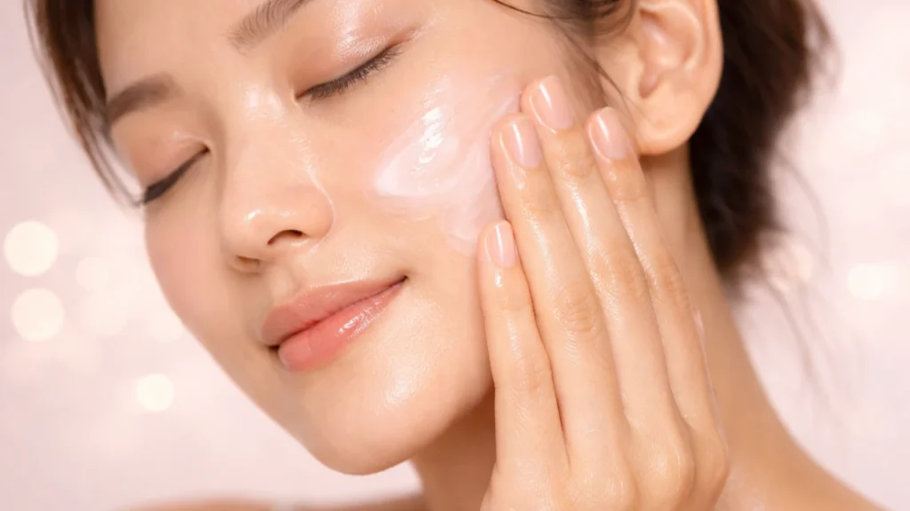 Close-up macro de mulher com pele de vidro aplicando tônico leitoso branco e opaco no rosto com as mãos, ilustrando a hidratação profunda e absorção da K-beauty.