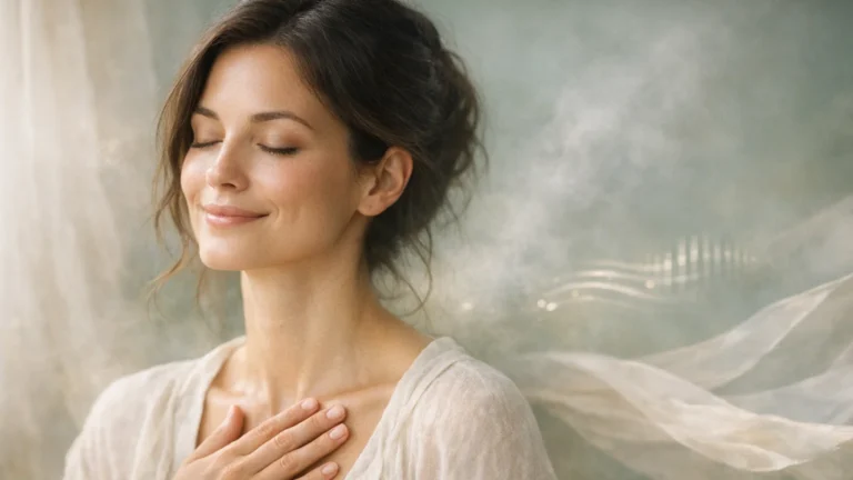 Uma fotografia de close-up, serena e etérea, de uma mulher com os olhos fechados e uma expressão de paz profunda e relaxamento. Ela está usando uma roupa de linho texturizado de cor clara e tem as mãos suavemente posicionadas sobre o centro do peito, na área do coração. O fundo é um suave verde-azulado difuso, com tecidos de tule esvoaçantes e feixes de luz brilhantes e texturizados que parecem ondulações sonoras ou energéticas saindo do seu peito, representando a ativação do nervo vago e a calmaria do sistema nervoso.