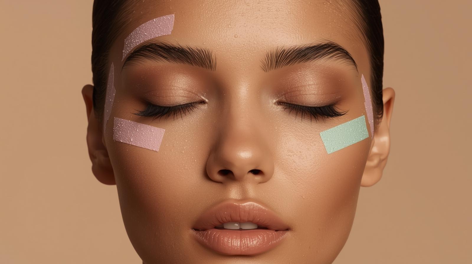 Mulher com fitas kinesiológicas coloridas no rosto demonstrando técnica coreana de como esconder olheiras. Pele luminosa, olhos fechados, sérum facial aplicado. Método de 3 minutos sem corretivo.