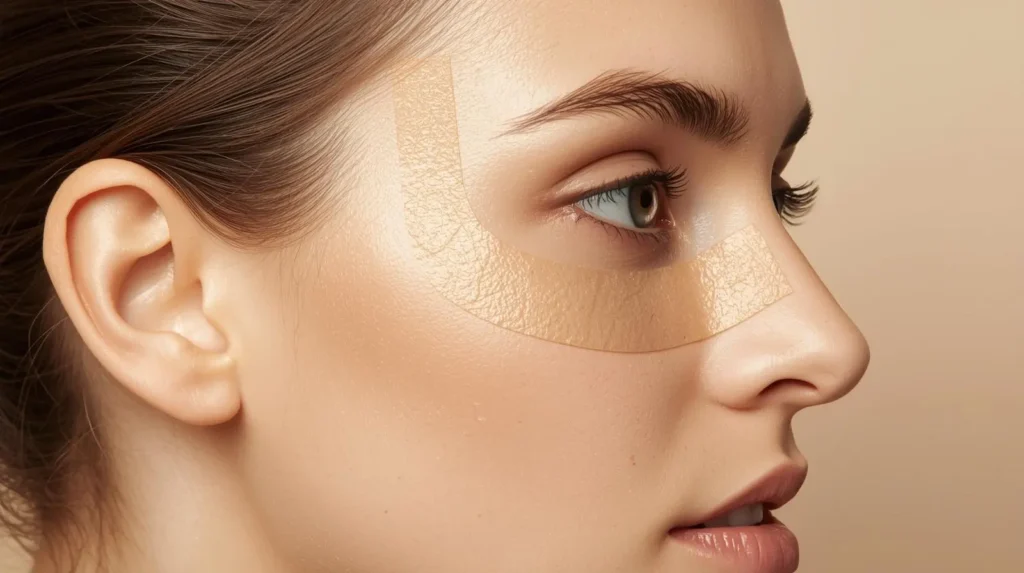 Como Esconder Olheiras em 3 Minutos: Protocolo das 3 Fitas Comprovado por Dermatologistas Protocolo coreano de tapeamento facial com 3 fitas kinesiológicas bege para esconder olheiras geneticas - posicionamento exato das fitas de drenagem linfatica, lifting do sulco lacrimal e relaxamento muscular na regiao periorbital