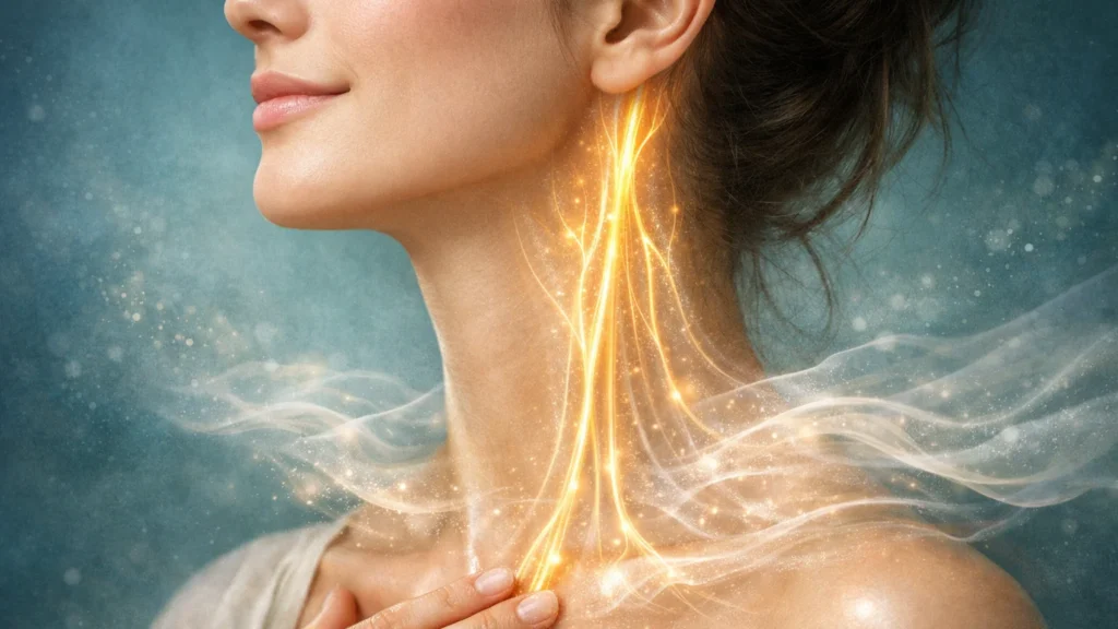 Ilustração detalhada em estilo artístico de uma mulher serena de perfil, destacando a via neural do nervo vago que brilha em luz dourada desde a região da orelha até o tórax. A imagem demonstra visualmente a conexão entre o corpo e a mente através da estimulação vagal para alívio imediato da ansiedade e regulação do sistema nervoso.