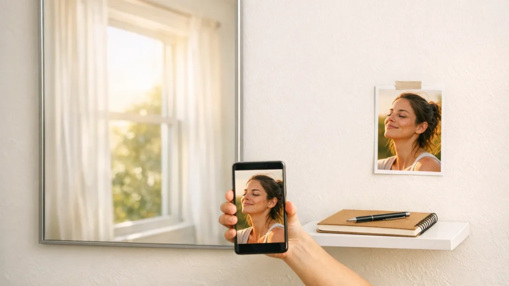 Dismorfia Digital Curada: O Retorno Triunfal à Autoimagem Real Mulher curada da dismorfia digital tirando selfie sem filtro no espelho, com caderno do protocolo de 7 dias e foto de autoimagem real na parede, representando a conquista da autoaceitação