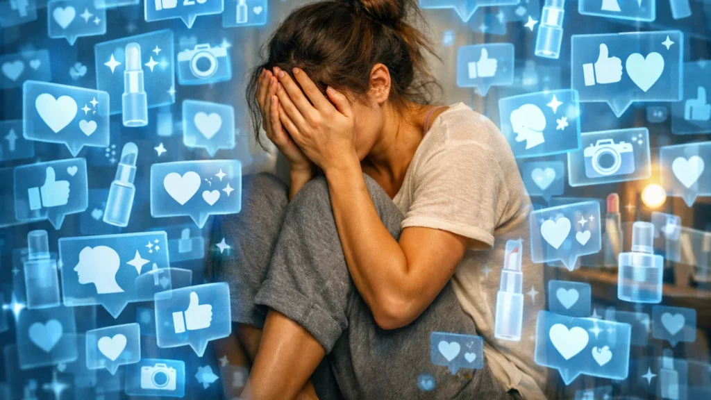 Dismorfia Digital: O Preço da Perfeição Virtual nas Redes Sociais Mulher com dismorfia digital cobrindo o rosto enquanto é cercada por ícones de likes, filtros de beleza e cosméticos digitais, ilustrando como o algoritmo das redes sociais lucra com a insatisfação corporal
