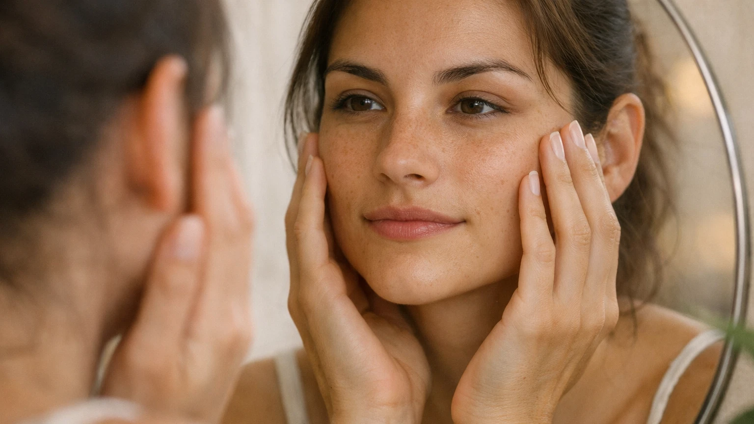 Mulher olhando no espelho com pele natural e sardas visíveis, representando a jornada de superação da dismorfia digital e aceitação da autoimagem real sem filtros