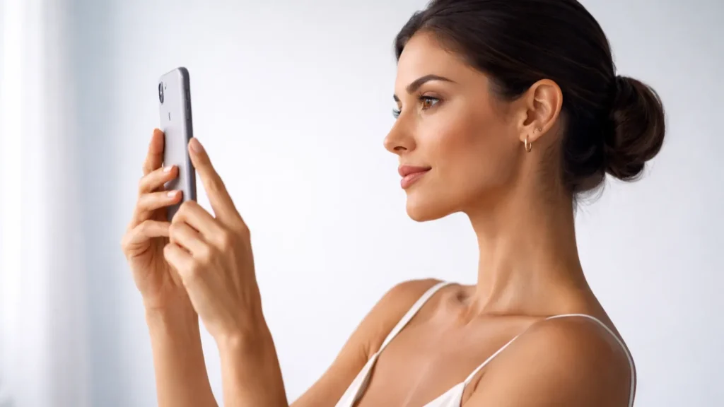 Mulher com jawline definida segurando celular na altura dos olhos, demonstrando postura correta para evitar Síndrome da Cara Quadrada e deformação facial por uso excessivo de smartphone