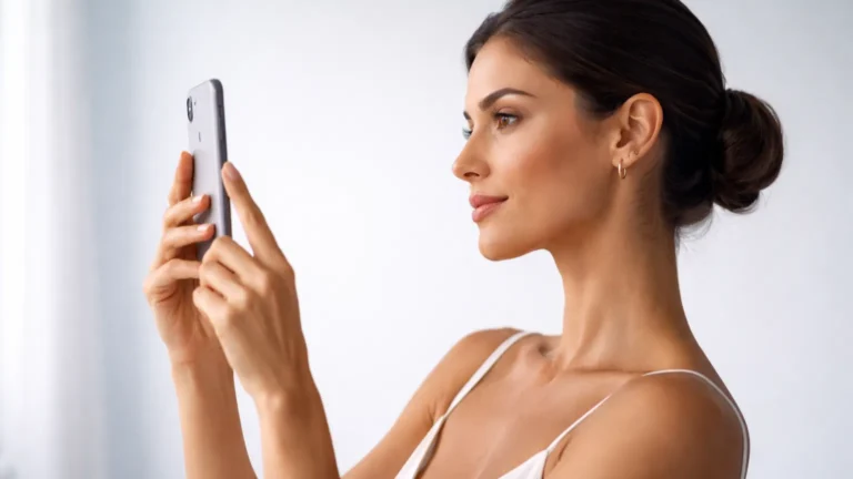 Mulher com jawline definida segurando celular na altura dos olhos, demonstrando postura correta para evitar Síndrome da Cara Quadrada e deformação facial por uso excessivo de smartphone