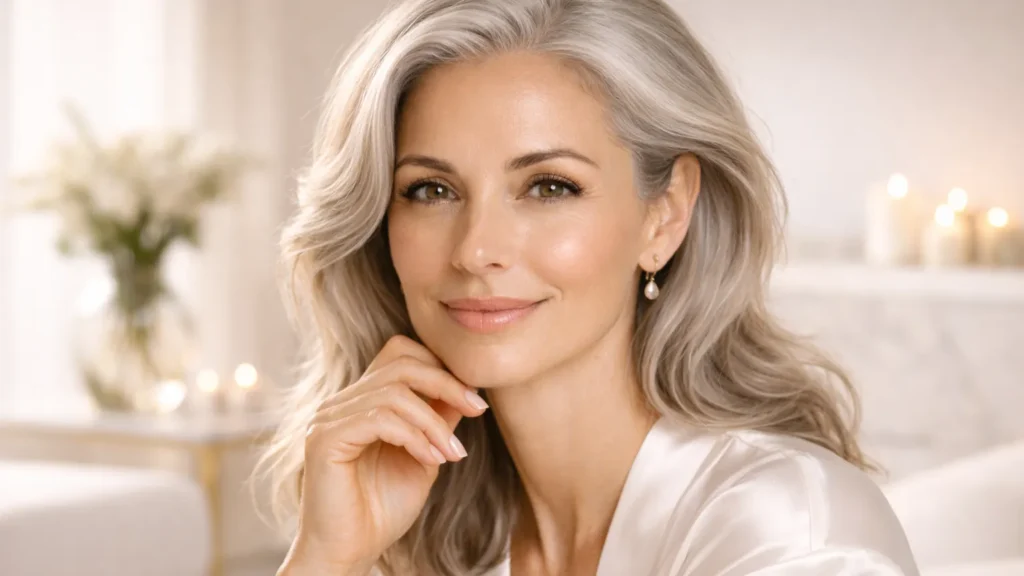 Como calcular idade biológica: Mulher de 40 anos com pele radiosa mostrando resultado de rejuvenescimento em 90 dias