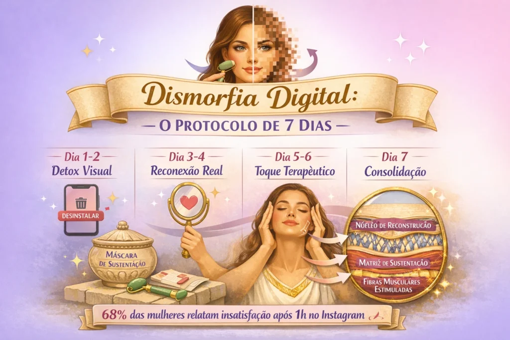Dismorfia Digital: O Protocolo de 7 Dias para Recuperar sua Autoimagem Real Infográfico do protocolo de 7 dias para dismorfia digital: Detox Visual, Reconexão Real, Toque Terapêutico e Consolidação. 68% das mulheres insatisfeitas após Instagram