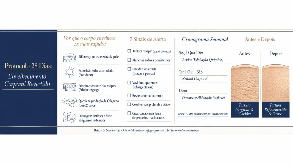 Infográfico detalhado do protocolo de 28 dias para envelhecimento corporal revertido, mostrando as causas como friction aging e fotodano, cronograma semanal de retinol e ácidos, e comparação de textura de pele antes e depois.