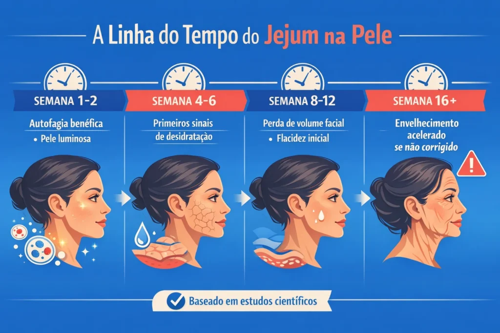 Jejum Intermitente e Pele: A Linha do Tempo Chocante que Ninguém Te Contou (Infográfico) Infográfico detalhado: A Linha do Tempo do Jejum na Pele. Ilustra visualmente os efeitos do jejum intermitente no rosto feminino ao longo das semanas, desde a autofagia benéfica e pele luminosa (Semanas 1-2), passando pelos primeiros sinais de desidratação (Semanas 4-6), perda de volume facial e flacidez inicial (Semanas 8-12), até o envelhecimento acelerado se não corrigido (Semanas 16+). Baseado em estudos científicos, este guia visual alerta sobre os impactos do jejum prolongado na saúde da pele.