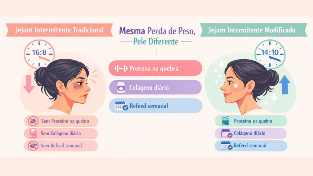 Jejum Intermitente Tradicional vs. Modificado: O Guia de Proteção de Colágeno Infográfico comparando Jejum Intermitente Tradicional 16:8 (pele cansada e flácida, sem proteína/colágeno) com Jejum Intermitente Modificado 14:10 (pele firme e luminosa, com proteína e colágeno diários), mostrando que ambos têm a mesma perda de peso, mas pele diferente.
