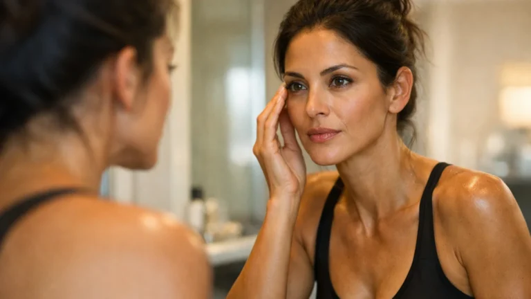 Mulher com corpo definido, vestindo top esportivo preto, em frente a um espelho de banheiro, olhando intensamente para o rosto e tocando a área ao redor dos olhos com expressão de preocupação. Ela está notando os efeitos do jejum intermitente prolongado na pele, como rugas finas e perda de volume, ilustrando o paradóxo entre emagrecimento corporal e envelhecimento facial.