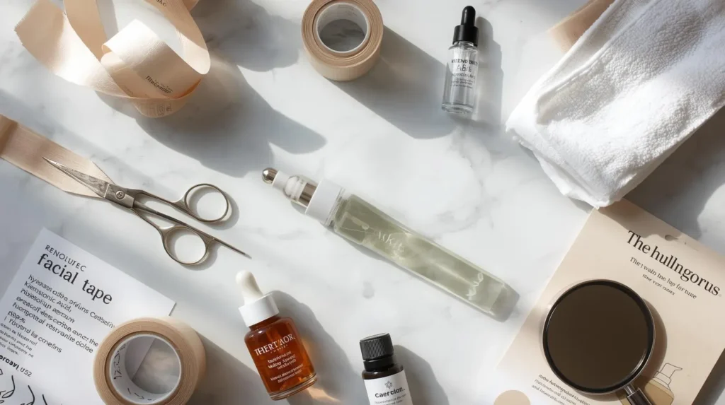 Como Esconder Olheiras em Casa - Kit Completo por Menos de R$ 150 Kit completo de materiais para tapeamento facial caseiro com fita kinesiologica bege tesoura acido hialuronico cafeina niacinamida espelho aumento toalha microfibra guia instrucional marmore branco