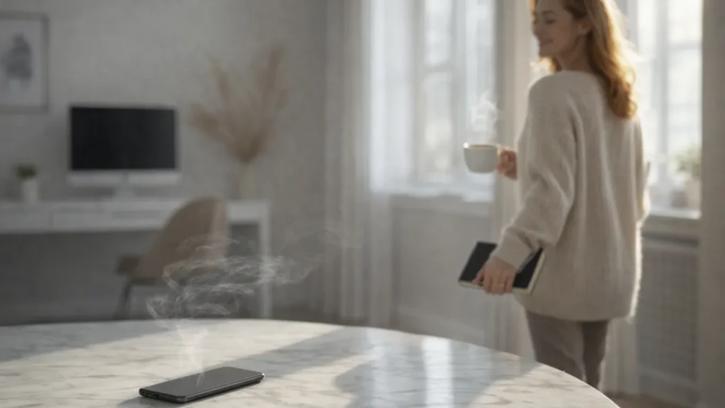 Celular sobre mesa de mármore soltando fumaça simbólica de sobrecarga, enquanto ao fundo, uma mulher desfocada se afasta segurando uma xícara de café e um livro, praticando limite emocional digital.