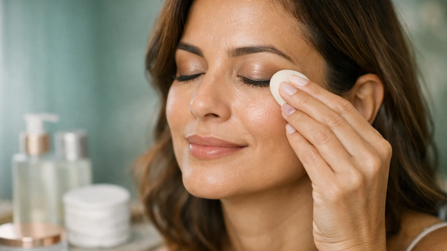 Mulher madura aplicando maquiagem para olhos sensíveis com técnica Toque de Pena, esponja suave sem fricção, pele saudável e iluminada, protocolo dermatológico 2025