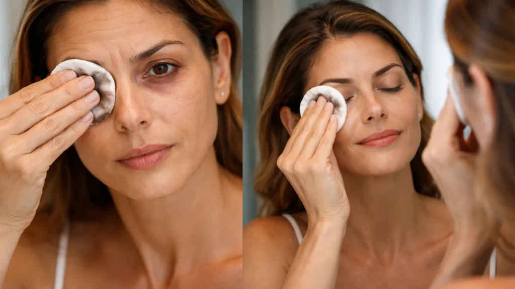 Remoção errada vs correta de maquiagem para olhos sensíveis: fricção agressiva causa blefarite, técnica terapêutica suave preserva saúde ocular, protocolo dermatológico 2025